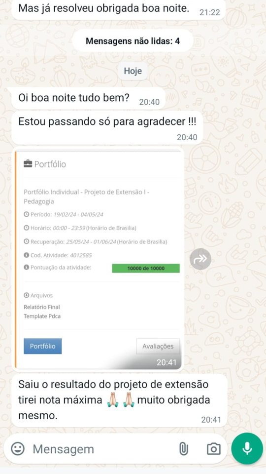 Mensagem de estudante de Pedagogia sobre o portfólio de extensão