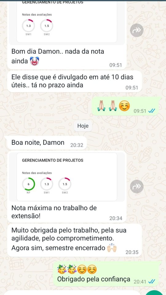 Mensagem de estudante de Gerenciamento de Projetos sobre o relatório de extensão