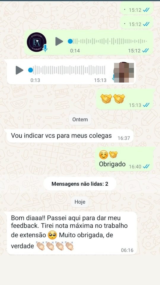 Mensagem de estudante de extensão indicando a Evolução Acadêmica