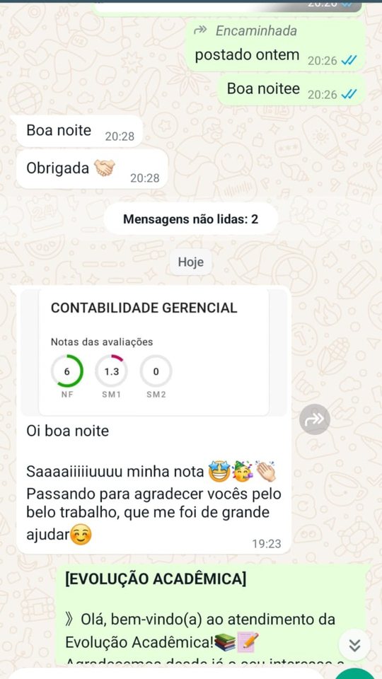 Mensagem de estudante de Ciências Contábeis sobre a disciplina de contabilidade gerencial